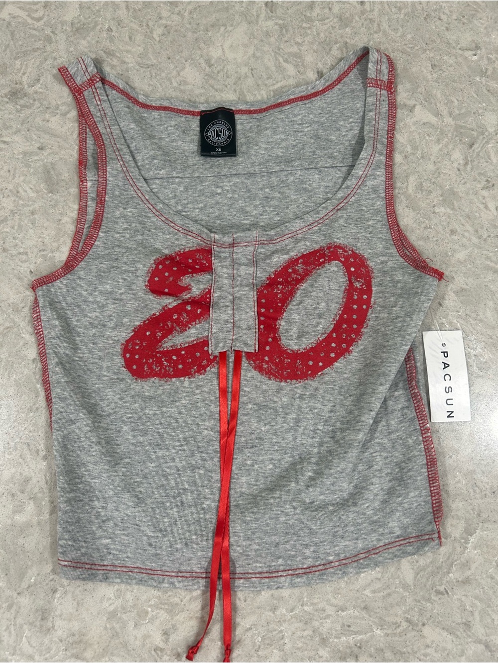 NWT PacSun Gray Tank Crop Top with Red '20' Graphic and Ribbon Women’s XS